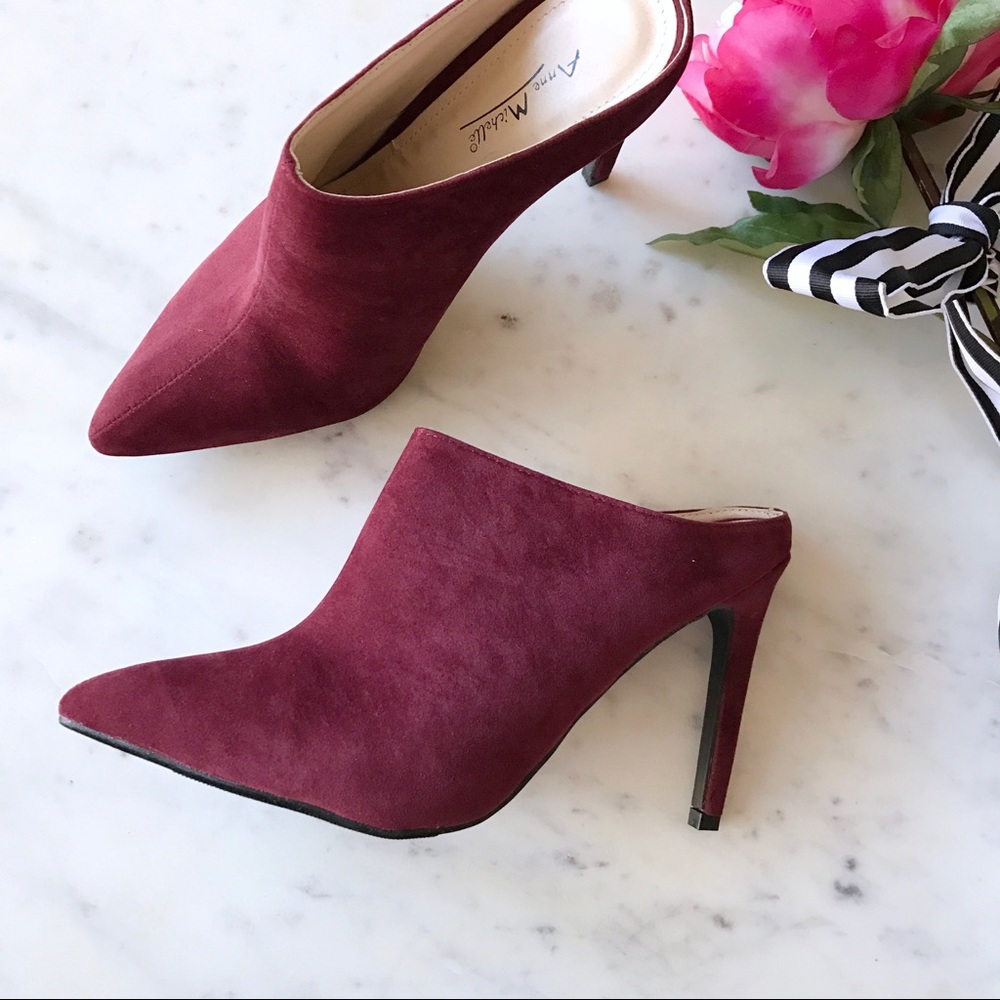 💕FREE SHIP💕Burgundy Faux Suede Heeled Mules - Picture 2 of 4